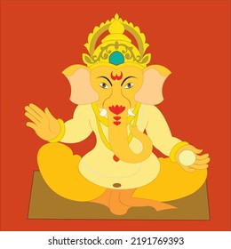 Happy Ganesh Chaturthi sitting lord Ganesha on plank with Indian sweet in his hand on red color background. 
