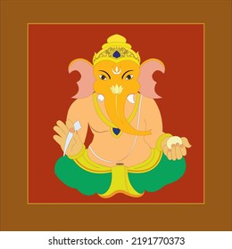 Happy Ganesh Chaturthi sitting lord Ganesha with broken tusk and Indian sweet in his hand on brown color background. 