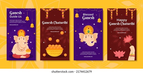 Happy Ganesh Chaturthi Social Media Stories Template Flat Cartoon Background Vector Illustration