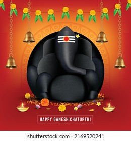 Happy ganesh chaturthi. Stone ganesha wtih flower buntings and hanging bells vector illustration