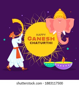 Happy Ganesh Chaturthi Text With Lord Ganesha Face, Illuminated Oil Lamps (Diya) And Maharashtrian Man Blowing Tutari Horn On Purple Background.