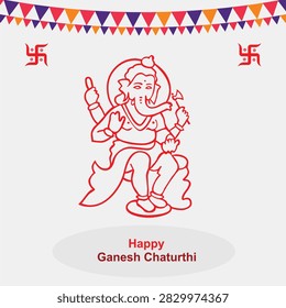Happy Ganesh Chaturthi vector illustration. Red line art outline drawing of Lord Ganesha with auspicious Swastika symbols and festival bunting for Hindu festival greeting card, poster, and banner design.