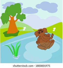 Happy Ganesh Chaturthi, vector of  immersion of Lord  Ganesh  idol at the water pond, eco-friendly concept,Ganesh visarjan at the last day of festival. 