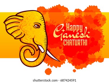 Happy Ganesh Chaturthi, vector poster, Hindu festival design element. Horizontal banner, elephant head with one tusk broken, symbol of Hindu God Ganesh