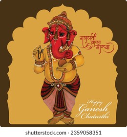 'Happy Ganesha Chaturthi' Hindi text and Ganesha illustration vector with a background of Indian festival for banner, template, post, and invitation card design