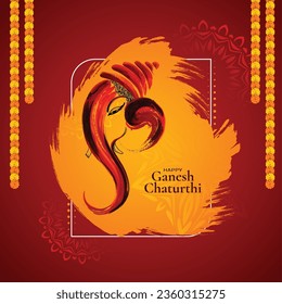 'Happy Ganesha Chaturthi' Hindi text and Ganesha illustration vector with a background of Indian festival for banner, template, post, and invitation card design