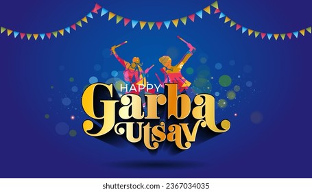 Happy Garba utsav or Dandiya dance. Indian traditional festival of Navratri Puja. 3d Typography with dandiya dancer on blue night background. svg