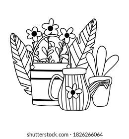 happy garden, bucket watering can boot flowers and potted plant line icon style vector illustration