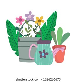 happy garden, bucket watering can boot flowers and potted plant vector illustration vector illustration