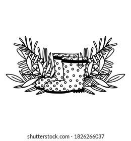 happy garden, dotted boots and foliage natural vector illustration line icon style