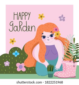 happy garden, girl with flower in hair, potted plant boots bushes flowers nature vector illustration