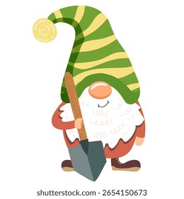 Happy garden gnome with a shovel. Cute fairytale figure for card design, children storybook, and holiday season. Spring and summer character.