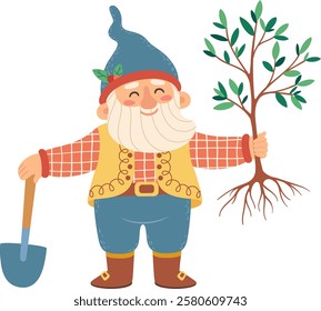 Happy garden gnome with a shovel in one hand and a small tree sapling in the other, ready for planting, promoting environmental awareness and gardening activities