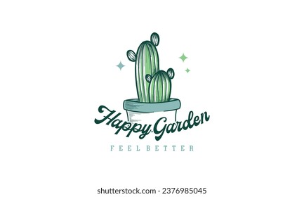 Happy Garden logo template hand drawn Cactus Gardening logo template, vector