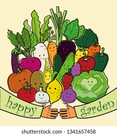 Happy garden with many smiling face healthy vegetables in vector illustration.