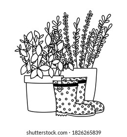 happy garden, potted plants leaves boots isolated line icon style vector illustration