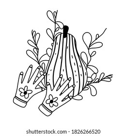happy garden, pumpkin gloves plants isolated line icon style vector illustration