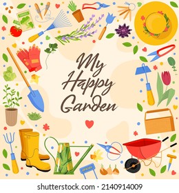 Happy Garden tool greeting card. Vector spring illustration of gardening elements: spade, pitchfork, wheelbarrow, plants, watering can, garden gloves and cute text. Happy gardening poster design