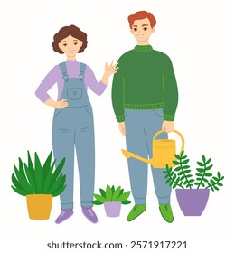 Happy gardener couple in flat cartoon design. Smiling man and woman standing together, preparing to planting and gardening, watering, taking care houseplants, works in garden. Vector illustration