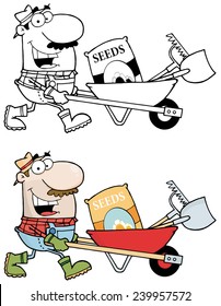 Happy Gardener Drives A Barrow With Tools. Vector Collection Set