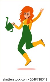 A happy gardener with green watering can jump with joy. Attractive gardener. Funny character design. Cartoon illustration. Garden care concept creator. Female groundskeeper personage.