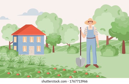 Happy gardener growing carrots in garden, vector flat illustration. Young man with shovel standing on the farm. Country house with summer landscape. Agricultural gardener hobbyist or gardener job.