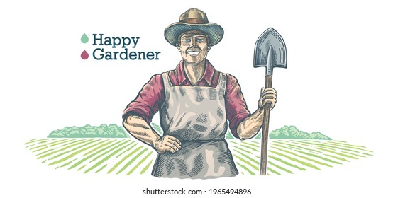 Feliz jardinero, sostiene una pala en sus manos. Ilustración en estilo grabado.