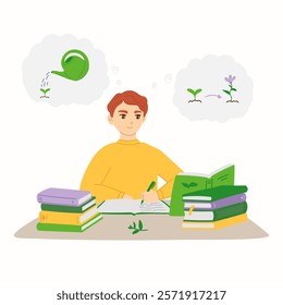 Happy gardener learning new information about plant growing and care in flat cartoon design. Man reading botany books, making botanical research and planning future gardening year. Vector illustration