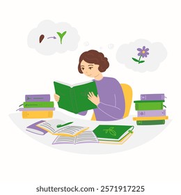 Happy gardener learning new information about plant growing and care in flat cartoon design. Woman reading botany books, making botanical research and planning next gardening year. Vector illustration