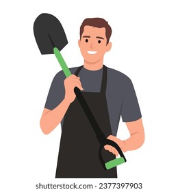 Happy gardener man with a shovel on his hand. Flat vector illustration isolated on white background