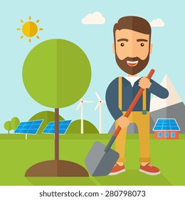 A happy gardener planting a tree using in his yard using shovel under the heat of the sun. A Contemporary style with pastel palette, soft blue tinted background with desaturated clouds. Vector flat