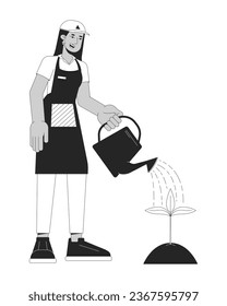 Happy gardener watering plant flat line black white vector character. Editable outline full body person. Woman holding watering can. Simple cartoon isolated spot illustration for web graphic design