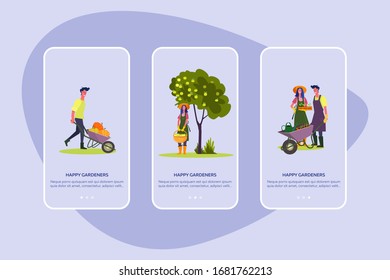 Happy gardeners set. Man and woman planting, gathering harvest, picking apples, fall landscape . Flat vector illustrations. Autumn, gardening concept for banner, website design or landing web page