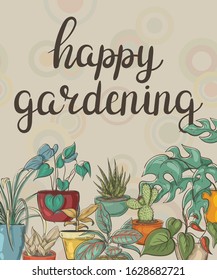 Happy gardening. Banner with flowers in pots