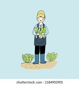 Happy gardening boy with his vegetables. Gardening boy vector