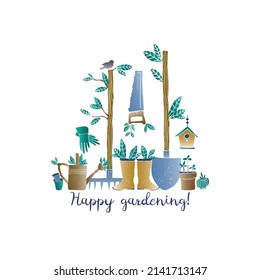  Feliz tarjeta de jardinería, impresión o afiche. Juego de herramientas de jardín. Tema de primavera. Diseño de vectores dibujado a mano. 