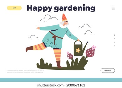 Happy gardening concept of landing page with funny female gnome water flowers from watering can. Cute cartoon dwarf in colorful clothes and hat work in garden. Flat vector illustration