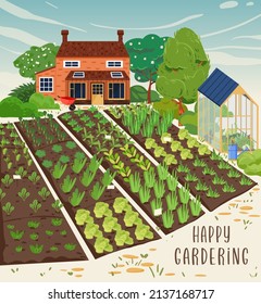 Happy Gardening, farm and agriculture. Garden, fields, house, trees, greenhouse and green plant vector illustration. For poster, background or postcard