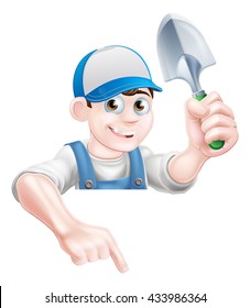 Happy gardening mascot man gardener holding a garden trowel spade and pointing his finger down 