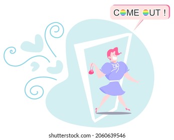 Happy gay in blue dress walk through the white frame with come out! text.Proud to be yourself.
