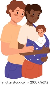 Happy gay couple adopting baby. Two young men holding new born child in sling. LGBT parenting, adoption. Gay male family. Cartoon flat vector, Isolated Illustration.