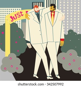 Happy gay couple celebrate love. Flat design and trendy colors. Just married hugging each other. Square format.
