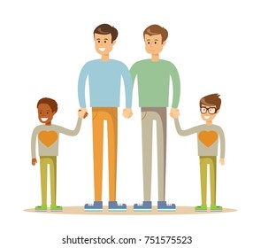 Happy gay couple with children. Stock flat vector illustration.