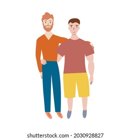 Happy gay couple family standing together. Two man homosexual in casual clothing hugging each other. Isolated on white background. Vector illustration.