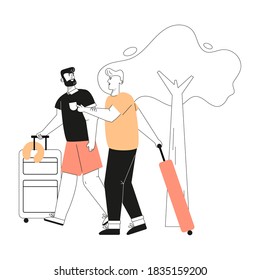 Happy Gay Couple Holding Suitcases Goes On Summer Vacation. Male LGBT Family Travel On Romantic Journey Together. Vector Character Lnear Illustration Of Love Diversity, Relationship, Rest At Resort