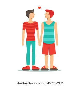 Happy gay couple isolated on white background. Vector illustration. Isolated cute homosexual boys. Cartoon characters of  caucasian gay teenagers. lgbt pride symbol. Flat design.