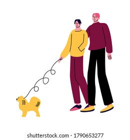 A Happy Gay Couple Of Men In Casual Clothes Walking Dog And Hugging. Vector Illustration In Cartoon Style.