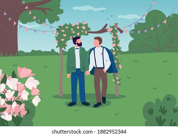 Happy gay couple on wedding day flat color vector illustration. Boho style marriage ceremony. Newly married husbands holding hands 2D cartoon characters with landscape on background