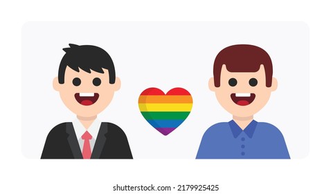 Happy gay couple with rainbow heart shape in flat design. LGBTQ community concept