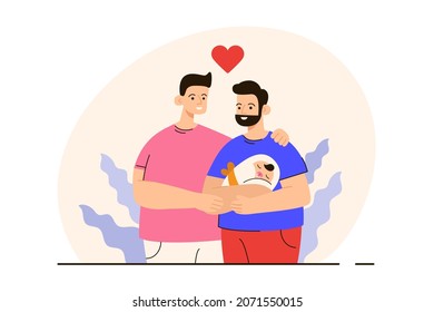 Happy gay couple standing together with their new born baby. Homosexual family with a child. LGBTQ family concept. Modern flat vector illustration